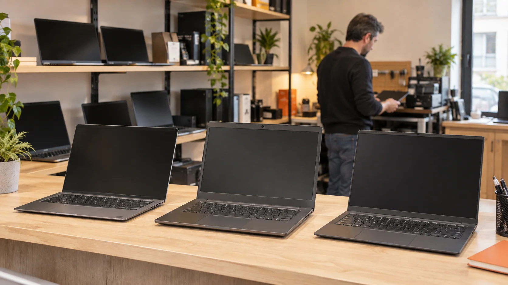 Illustration d’une boutique informatique présentant des ordinateurs portables