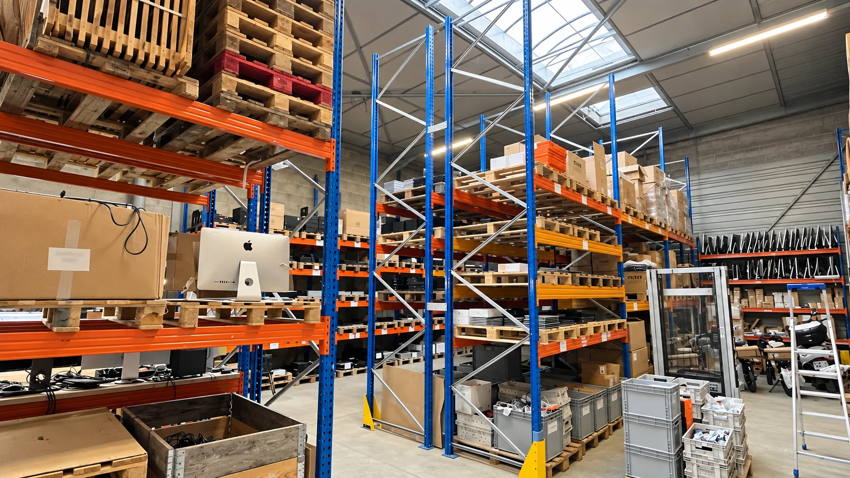 Rayonnages, palettes et équipements dans un espace logistique